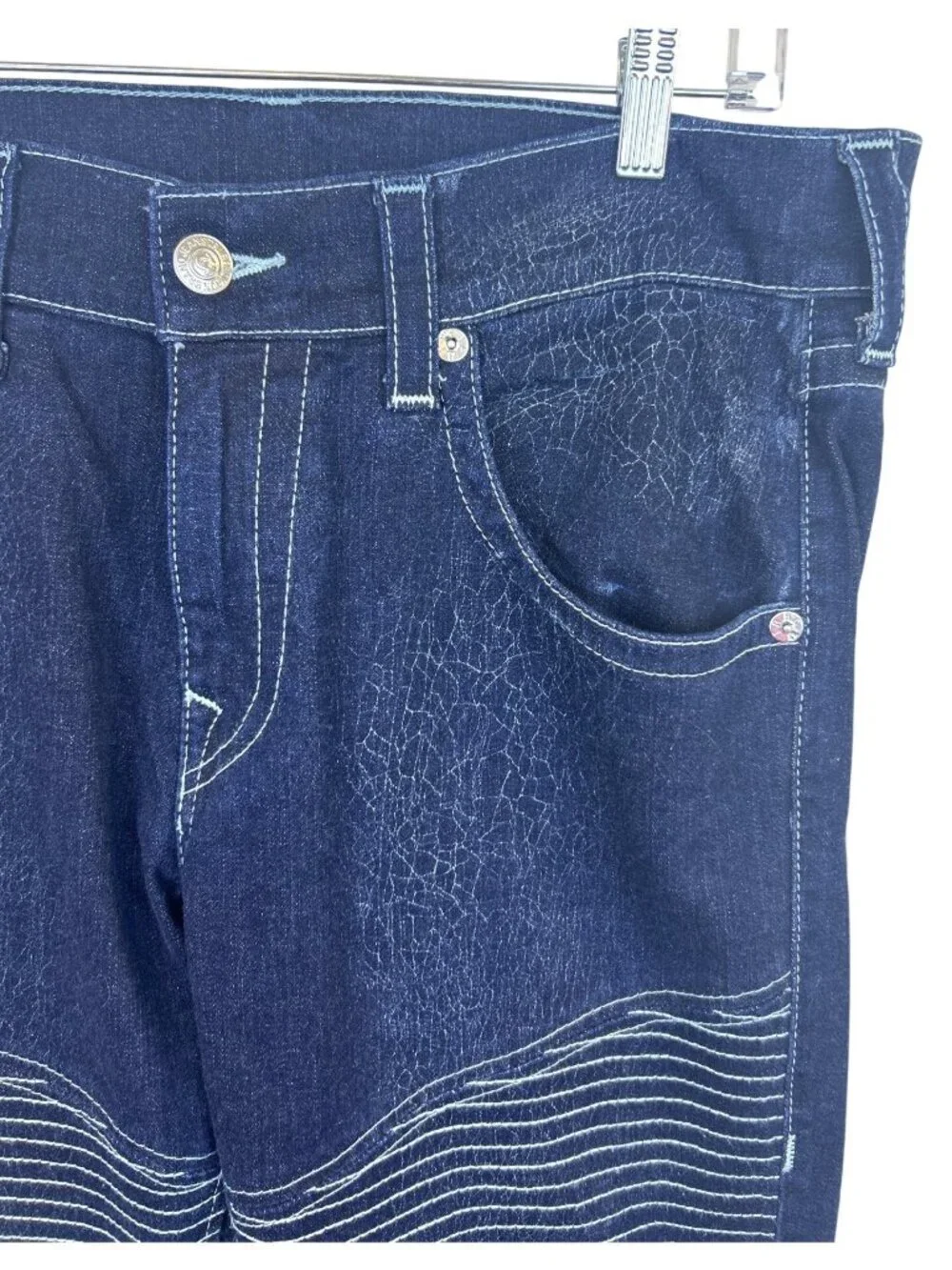 True Religion Moto Skinny Jeans Men's 34x28 Dark Wash Run Stitch Cracked Texture